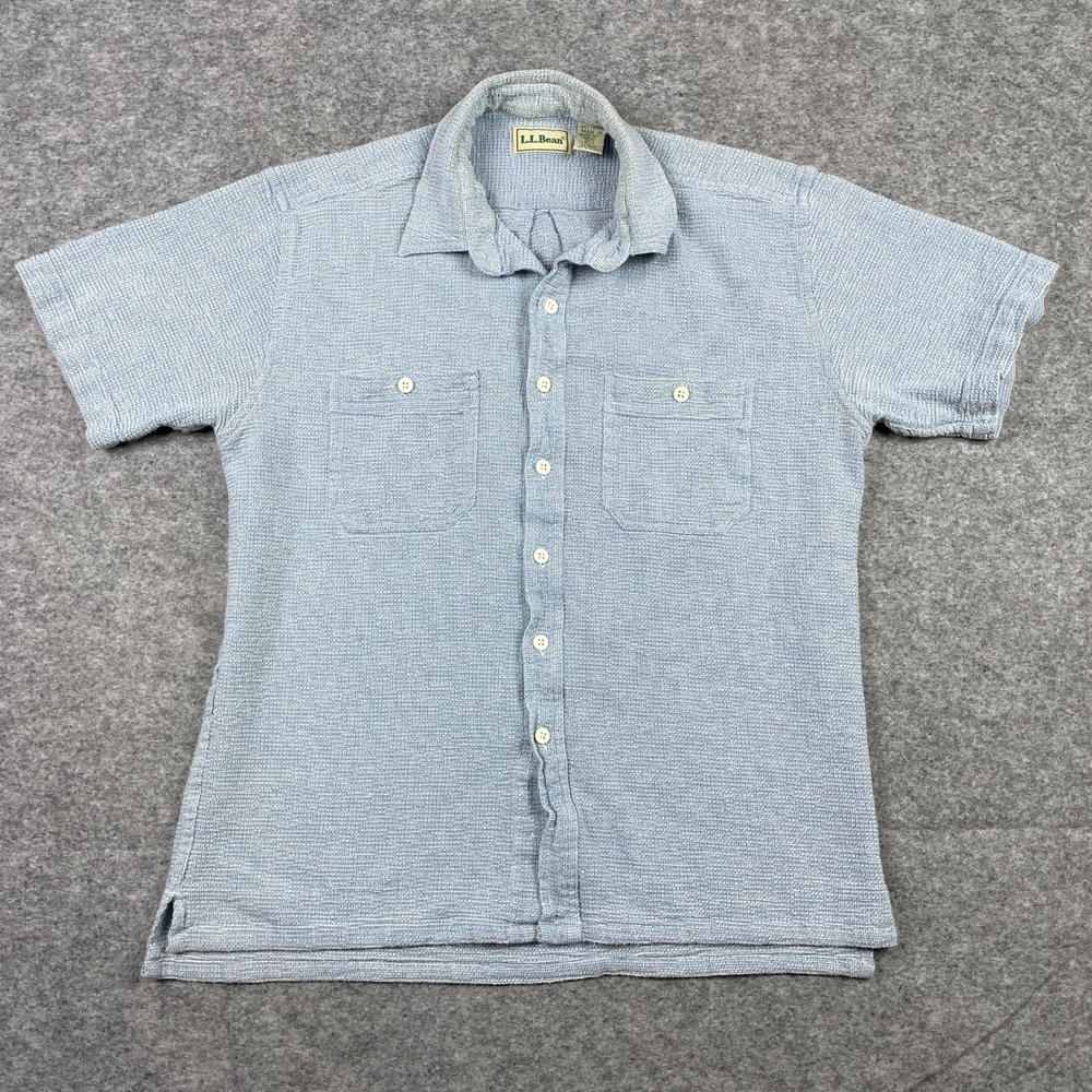 Vintage 90s LL Bean Button Down Shirt Mens M Blue Short Sleeve Textured Cotton